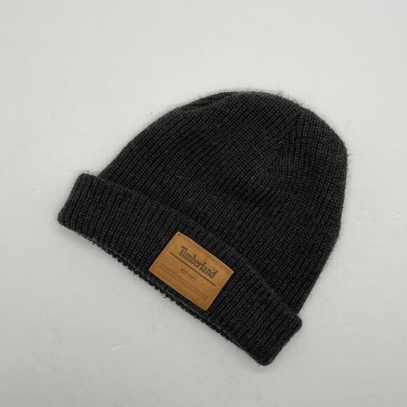 TIMBERLAND Men's Gray Leather Patch Logo Cuff Beanie Winter Hat - Picture 1 of 4